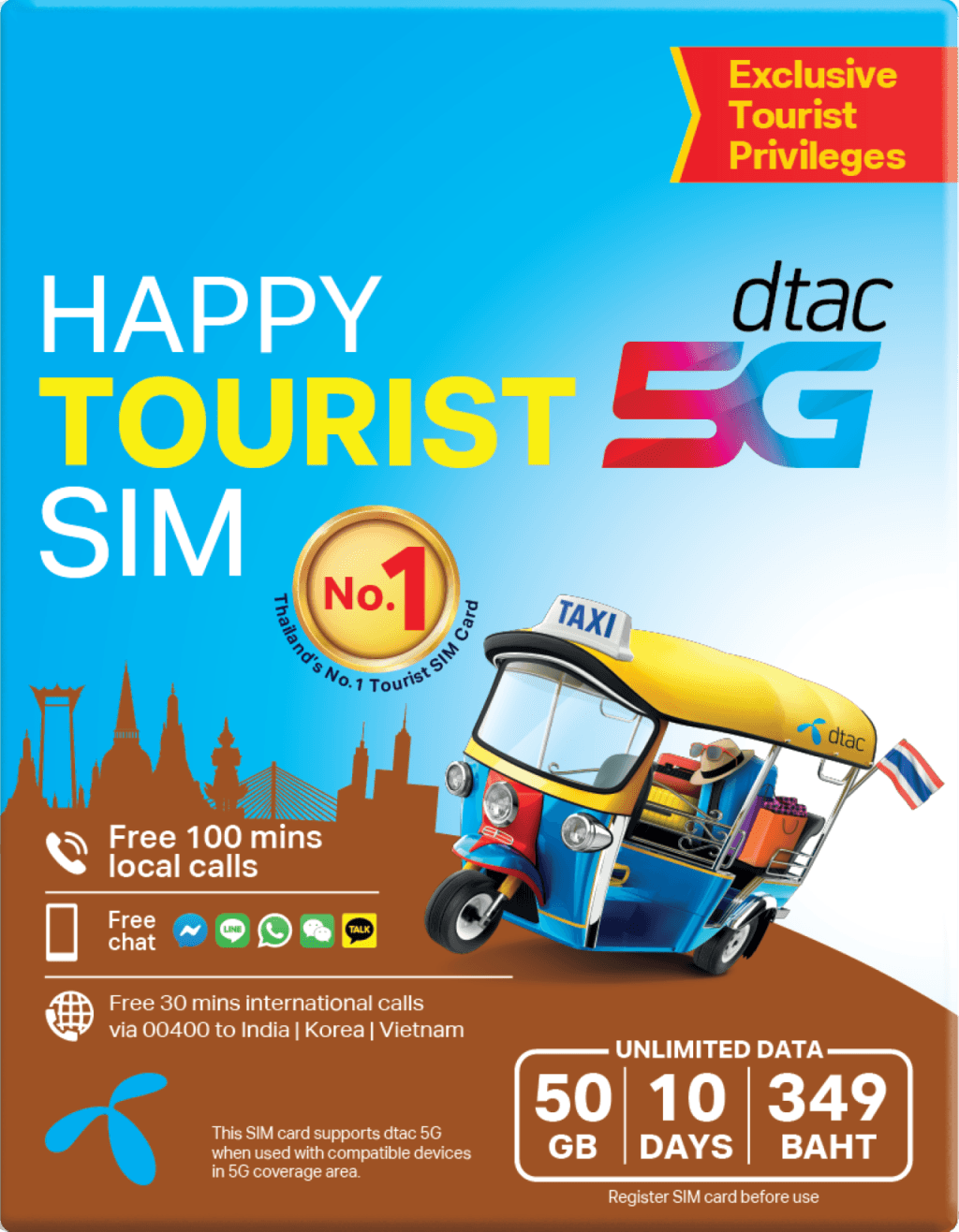 Bangkok, Thailand 5G SIM Card - Enjoy Local Network, Collect from Airport (DTAC Happy Tourist 5G SIM Card - THB 599 Plan (Suvarnabhumi Airport Pickup))